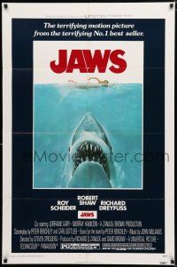 9z529 JAWS 1sh '75 art of Spielberg's classic man-eating shark attacking swimmer!