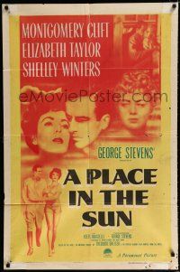 9z720 PLACE IN THE SUN 1sh '51 Montgomery Clift, sexy Elizabeth Taylor, Shelley Winters!