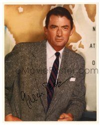 1a754 GREGORY PECK signed color 8x10 REPRO still '80s great close portrait in suit & tie by map!