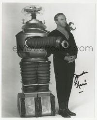 1a788 JONATHAN HARRIS signed 8x10 REPRO still '90s as Dr. Smith w/ robot from Lost in Space