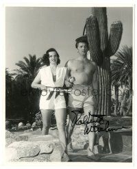 1a883 ROBERT MITCHUM signed 8x10 REPRO still '80s barechested ready to play tennis w/ Jane Russell!