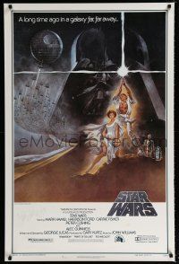 1a628 STAR WARS signed REPRO 1sh '90s by Carrie Fisher, George Lucas classic, art by Tom Jung!
