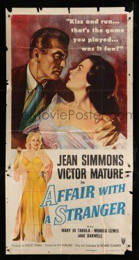 1f603 AFFAIR WITH A STRANGER 3sh '53 great artwork of Jean Simmons, Victor Mature & sexy bad girl!
