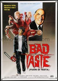 1f439 BAD TASTE Italian 1p '89 early Peter Jackson, art of gruesome hand grabbing boy w/chainsaw!