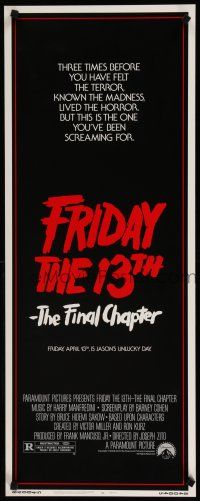 1j564 FRIDAY THE 13th - THE FINAL CHAPTER insert '84 Part IV, slasher sequel, Jason's unlucky day!