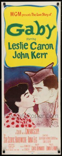 1j568 GABY insert '56 wonderful close up art of soldier John Kerr kissing Leslie Caron!