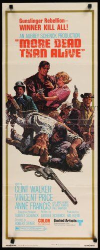 1j638 MORE DEAD THAN ALIVE insert '69 Clint Walker, Vincent Price & Anne Francis, cool western art!
