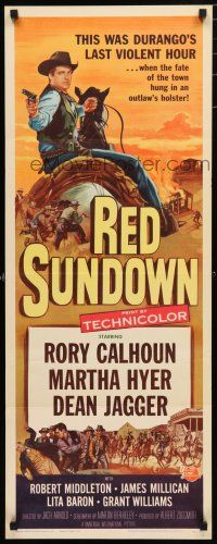 1j670 RED SUNDOWN insert '56 great western art of Rory Calhoun, Martha Hyer & Dean Jagger!