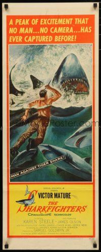 1j704 SHARKFIGHTERS insert '56 Victor Mature, cool artwork of man fighting sharks w/knife!