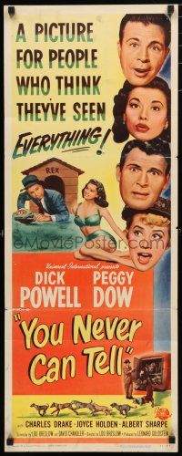 1j849 YOU NEVER CAN TELL insert '51 Dick Powell is a reincarnated dog who inherited a fortune!