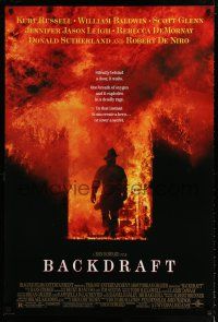 1k068 BACKDRAFT DS 1sh '91 firefighter Kurt Russell in blazing fire, directed by Ron Howard!