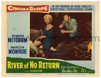 1r847 RIVER OF NO RETURN LC #6 '54 Robert Mitchum behind sexy Marilyn Monroe & Tommy Rettig!