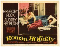 1r854 ROMAN HOLIDAY LC #4 '53 Gregory Peck looks over at sleeping Audrey Hepburn in bed!