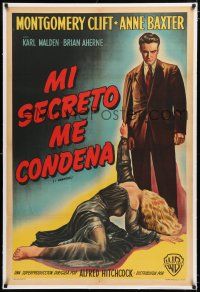 1s153 I CONFESS linen Argentinean '57 art of Montgomery Clift standing over Anne Baxter, Hitchcock!