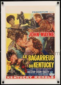 1s239 FIGHTING KENTUCKIAN linen Belgian '49 different art of John Wayne, Oliver Hardy & Windsor!
