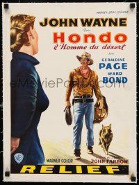 1s246 HONDO linen Belgian '53 3-D, artwork of John Wayne with dog & Geraldine Page!