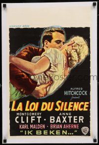 1s249 I CONFESS linen Belgian '53 Alfred Hitchcock, art of Montgomery Clift & Anne Baxter kissing!