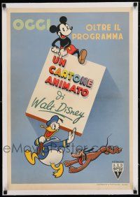 1s164 WALT DISNEY linen Italian 19x28 '40s great cartoon art of Mickey Mouse, Donald Duck & Pluto!