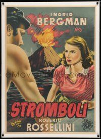 1s098 STROMBOLI linen Spanish '50 art of Ingrid Bergman by erupting volcano, Roberto Rossellini