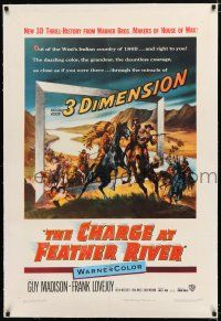 1t045 CHARGE AT FEATHER RIVER linen 1sh '53 great 3-D art of Guy Madison fighting Native Americans!