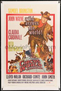 1t051 CIRCUS WORLD linen 1sh '65 Claudia Cardinale, John Wayne at his toughest!