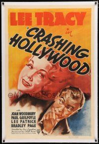 1t057 CRASHING HOLLYWOOD linen 1sh '38 art of Lee Tracy & pretty Joan Woodbury, crime comedy!