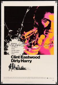 1t074 DIRTY HARRY linen 1sh '71 art of Clint Eastwood pointing his .44 magnum, Don Siegel classic!