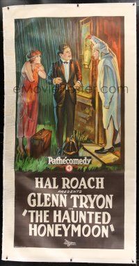 1w049 HAUNTED HONEYMOON linen 3sh '25 stone litho of Glenn Tryon & his new wife standing in rain!