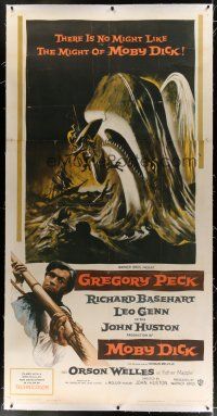 1w056 MOBY DICK linen 3sh '56 John Huston, great art of Gregory Peck & the giant whale!