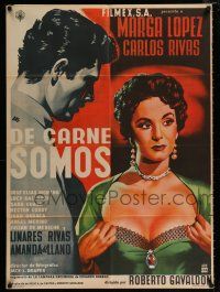 1y070 DE CARNE SOMOS Mexican poster '55 artwork of sexy Marga Lopez pulling her shirt open!