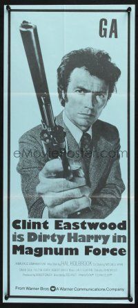 1y031 MAGNUM FORCE New Zealand daybill '73 c/u of Clint Eastwood as Dirty Harry with his huge gun!