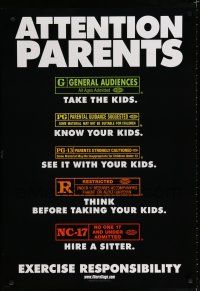 1z074 ATTENTION PARENTS 1sh '00 MPAA rating guide for adults, exercise responsibility!