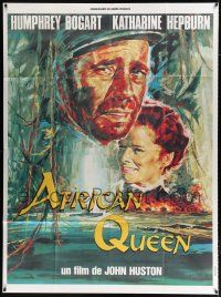 2b283 AFRICAN QUEEN French 1p R90s colorful montage artwork of Humphrey Bogart & Katharine Hepburn!