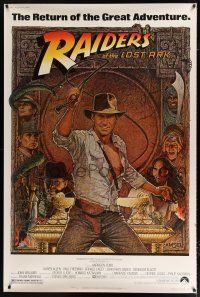 2c433 RAIDERS OF THE LOST ARK 40x60 R82 great art of adventurer Harrison Ford by Richard Amsel!
