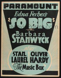 2c068 SO BIG/MUSIC BOX trolley card '32 double-feature, Barbara Stanwyck, Laurel & Hardy!