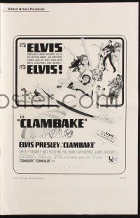 2g527 CLAMBAKE pressbook '67 cool art of Elvis Presley in speed boat with sexy babes, rock & roll!
