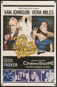 2h006 23 PACES TO BAKER STREET 1sh '56 cool artwork of Van Johnson & scared Vera Miles!