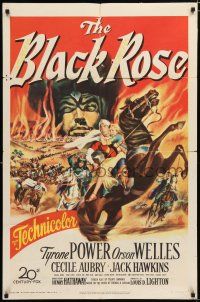 2h118 BLACK ROSE 1sh '50 great fiery action artwork of Tyrone Power & Orson Welles!