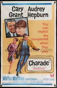 2h187 CHARADE 1sh '63 art of tough Cary Grant & sexy Audrey Hepburn, expect the unexpected!