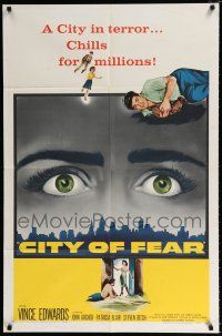 2h198 CITY OF FEAR 1sh '59 crazy Vince Edwards, cool eyes over L.A. skyline image!
