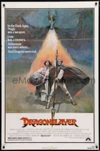 2h263 DRAGONSLAYER 1sh '81 cool Jeff Jones fantasy artwork of Peter MacNicol w/spear & dragon!