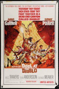 2h268 DUEL AT DIABLO 1sh '66 really cool art of Sidney Poitier & James Garner surrounded!