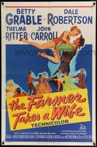 2h304 FARMER TAKES A WIFE 1sh '53 artwork of Dale Robertson holding up sexy Betty Grable!