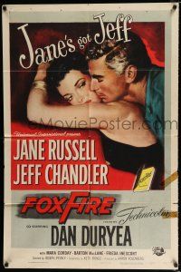 2h335 FOXFIRE 1sh '55 close up artwork of sexy Jane Russell, Jeff Chandler!