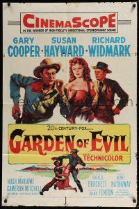2h352 GARDEN OF EVIL 1sh '54 cool art of Gary Cooper, sexy Susan Hayward, & Richard Widmark!