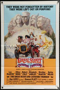 2h395 GREAT SCOUT & CATHOUSE THURSDAY 1sh '76 wacky art of Lee Marvin & cast in Mount Rushmore!