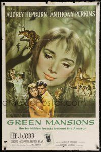 2h403 GREEN MANSIONS 1sh '59 cool art of Audrey Hepburn & Anthony Perkins by Joseph Smith!