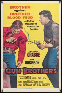 2h409 GUN BROTHERS 1sh '56 Buster Crabbe is shot by brother Neville Brand at close range!