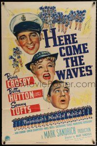 2h446 HERE COME THE WAVES style A 1sh '44 art of Navy sailor Bing Crosby & Betty Hutton singing!