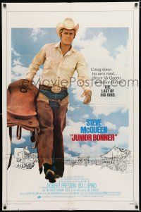 2h511 JUNIOR BONNER 1sh '72 full-length rodeo cowboy Steve McQueen carrying saddle!